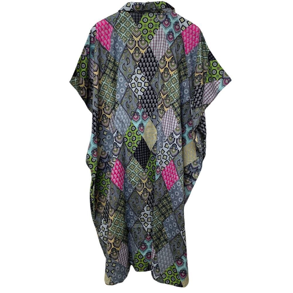 Patchwork Print Long Shirt O/S Green Kaftan Boho Artsy Cottagecore Prairie - Picture 5 of 9